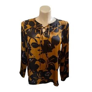 The Limited Satin Gold &‎ Black Botanical Print Lace-Up Blouse L- Vintage Vibes